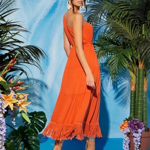 orange One Shoulder Fringe Trim Thigh split Ruffled Hem Dress - Picture 2 of 6